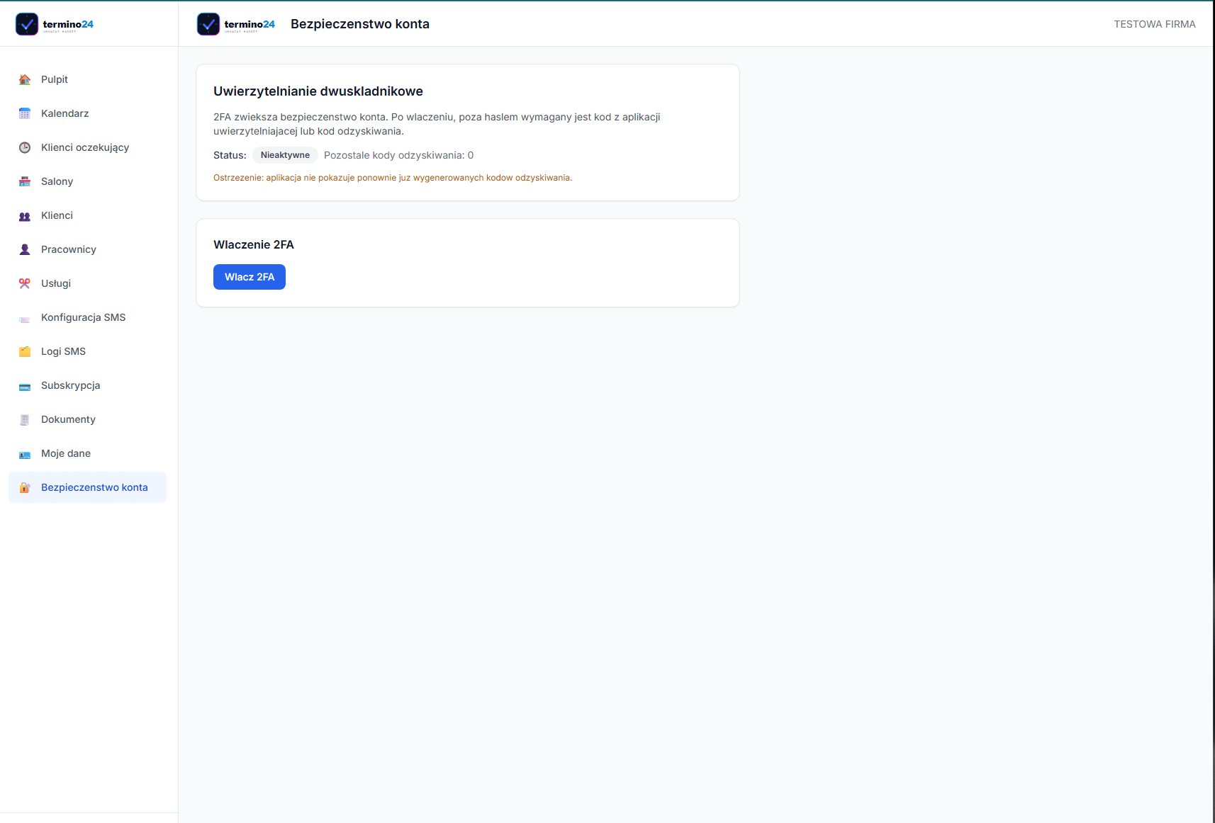 Ustawienia bezpieczenstwa i 2FA w Termino24