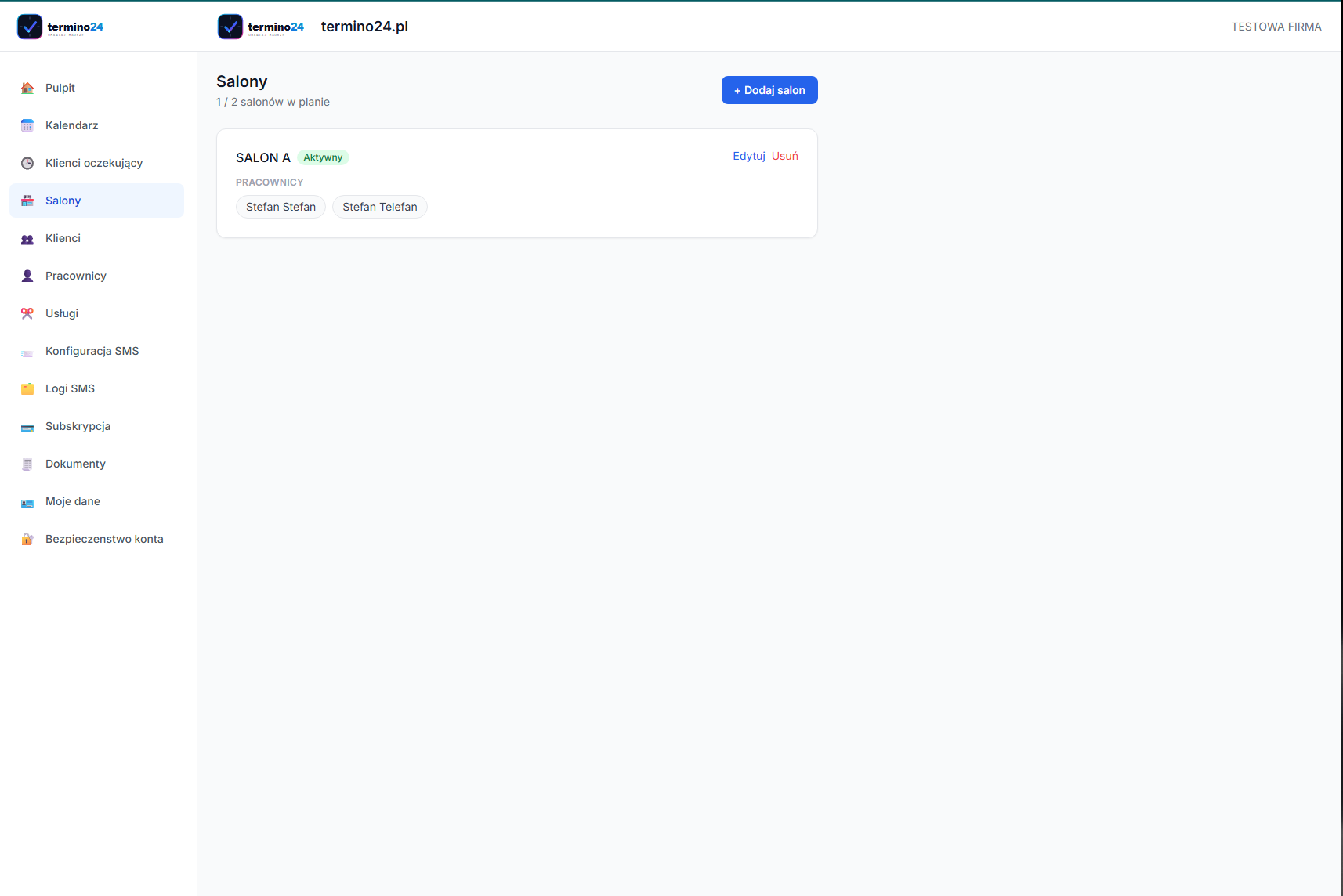 Lista salonow w Termino24 z przypisanymi pracownikami