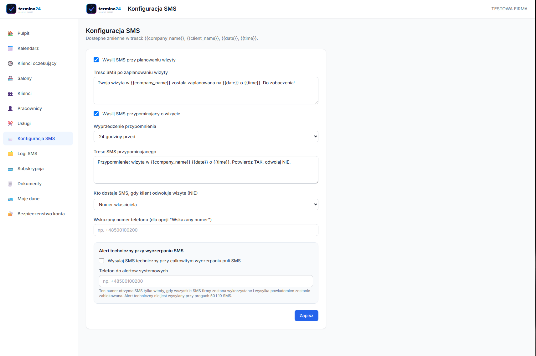 Konfiguracja wiadomosci SMS w Termino24